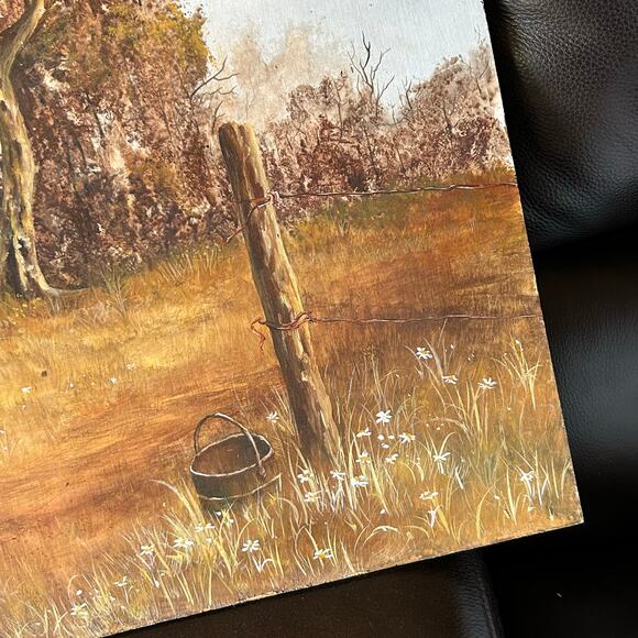 Mid Century Oil Painting Landscape Original Art farmhouse Fence Meadow - Picture 4 of 7